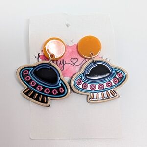 UFO Alien Drop Earrings Space Statement Retro Sci-Fi